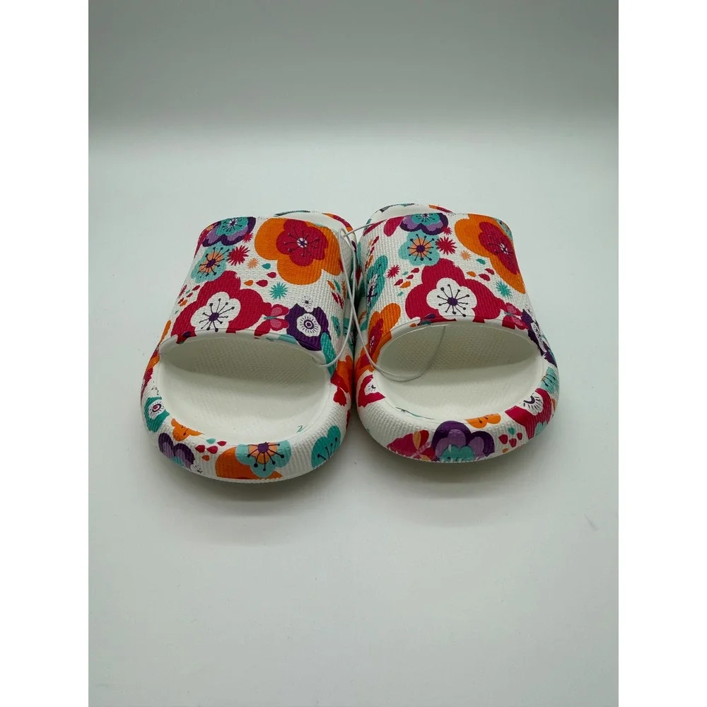 Kids Floral Print Foam Slide Sandals White Multi Color Pool Beach Shoes Size 2